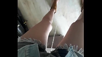 Pee desperation in jean shorts